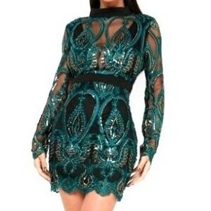 BOOHOO NWT Size 8 Black Emerald Sequin Damask Cupped Lace Mini Dress Long Sleeve